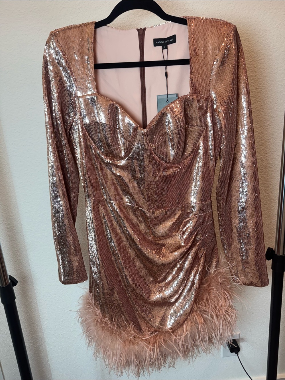 NWT Nadine Merabi Rose Gold Sequin Feather Trim Mini Dress Size L